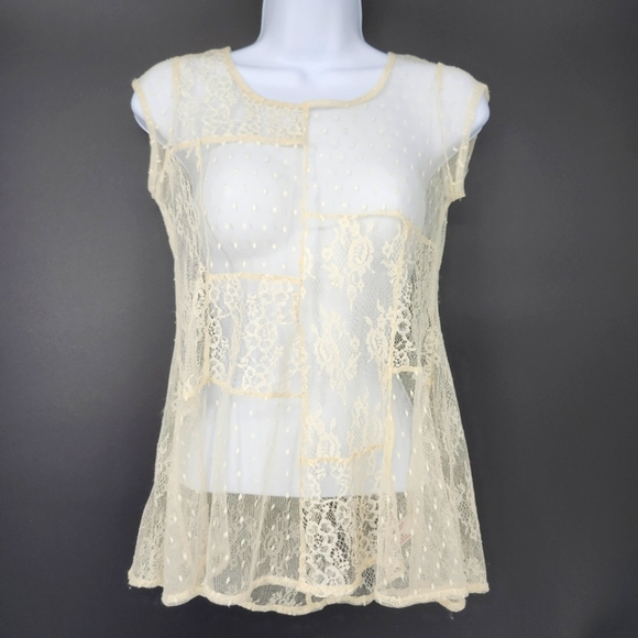 Ivory Sheer Patchwork Womens Lace Top Size XS Fairycore Dainty Festival Romantic - Picture 1 of 8